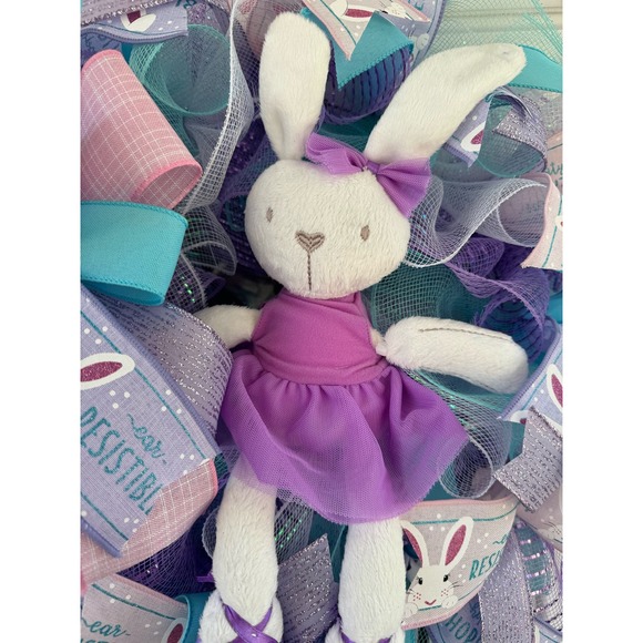 Purple Ballerina Bunny Rabbit Mesh Ribbon Easter & Spring Wreath Door Hanger xxx - Picture 2 of 7